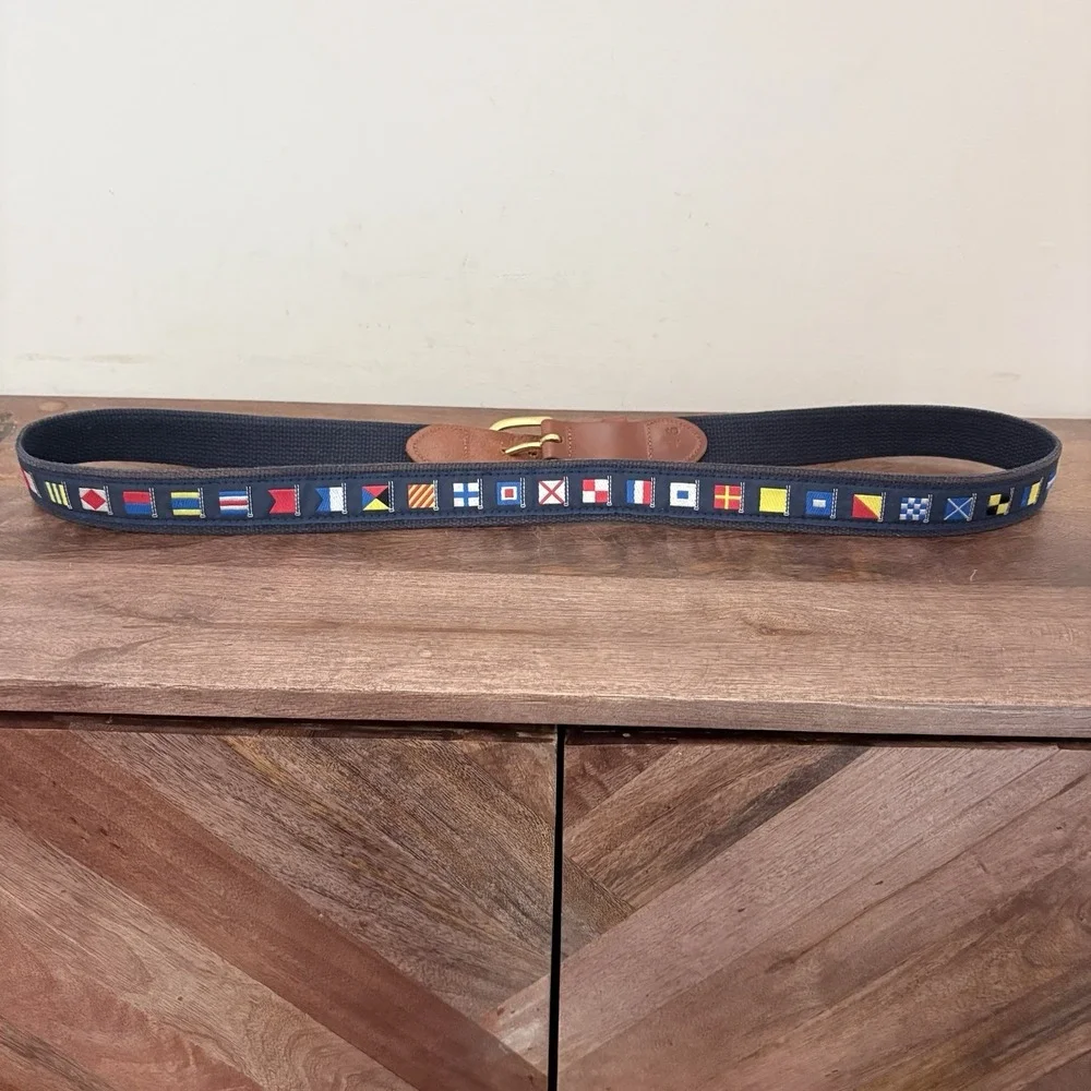 Leather Man Ltd Nautical Signal Flag Belt Men's 46 Brass Buckle Preppy USA